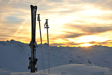 Image showing mountain snow ski sunset