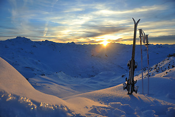 Image showing mountain snow ski sunset