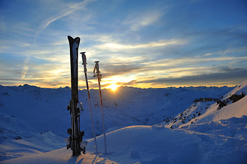 Image showing mountain snow ski sunset