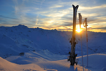 Image showing mountain snow ski sunset