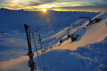 Image showing mountain snow ski sunset