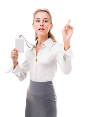 Image showing friendly office manager (employee services) shows her badge