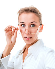 Image showing Portrait of a surprised woman with glasses