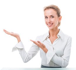 Image showing friendly administrative assistant making hand gestures