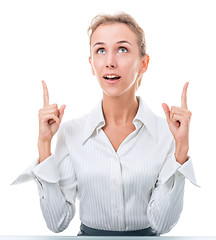 Image showing friendly administrative assistant making hand gestures