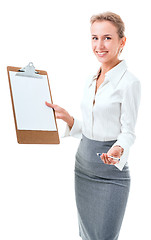 Image showing woman shows a blank clipboard