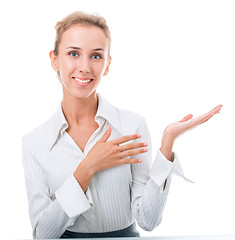 Image showing friendly administrative assistant making hand gestures
