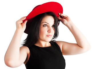 Image showing young beautiful woman with red hat