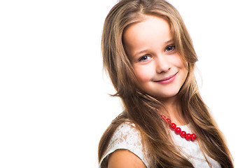 Image showing beautiful girl with red beads on isolated white