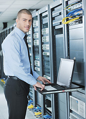 Image showing young it engeneer in datacenter server room