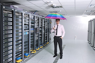 Image showing businessman hold umbrella in server room