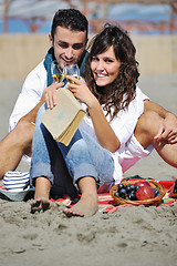 Image showing young couple enjoying  picnic on the beach