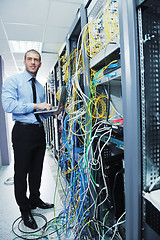 Image showing businessman with laptop in network server room