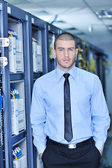 Image showing young it engeneer in datacenter server room