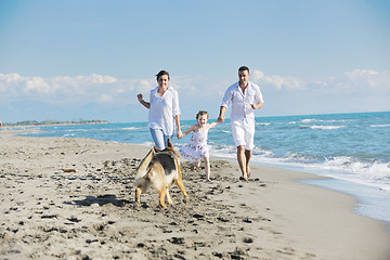 Image showing happy family playing with dog on beach