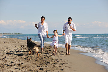 Image showing happy family playing with dog on beach