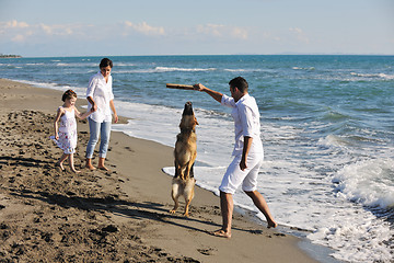 Image showing happy family playing with dog on beach
