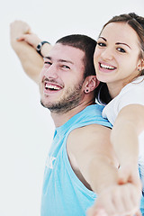 Image showing happy young couple fitness workout and fun