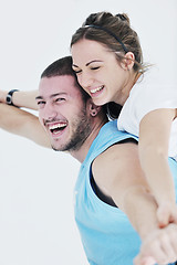 Image showing happy young couple fitness workout and fun