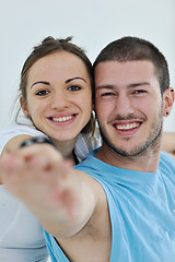 Image showing happy young couple fitness workout and fun