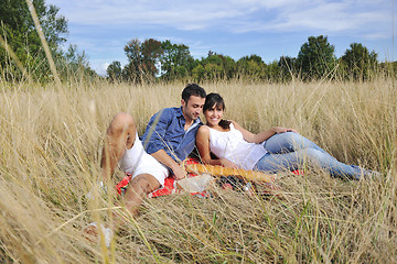 Image showing happy couple enjoying countryside picnic in long grass