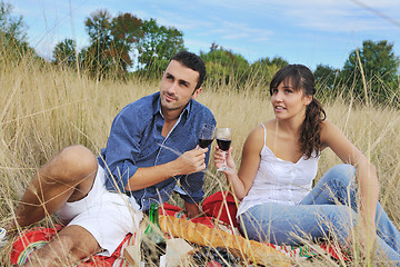 Image showing happy couple enjoying countryside picnic in long grass