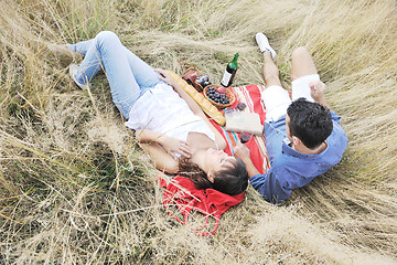 Image showing happy couple enjoying countryside picnic in long grass