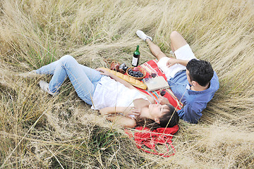 Image showing happy couple enjoying countryside picnic in long grass