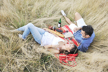 Image showing happy couple enjoying countryside picnic in long grass