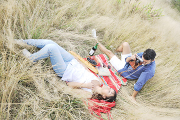 Image showing happy couple enjoying countryside picnic in long grass