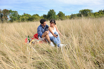 Image showing happy couple enjoying countryside picnic in long grass