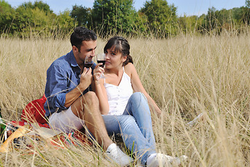 Image showing happy couple enjoying countryside picnic in long grass