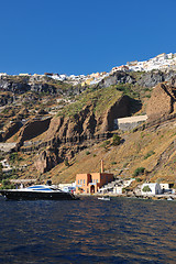 Image showing santorini island coast with luxury yacht