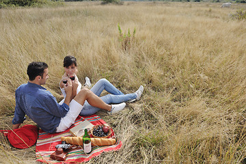 Image showing happy couple enjoying countryside picnic in long grass