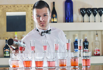 Image showing pro barman prepare coctail drink on party