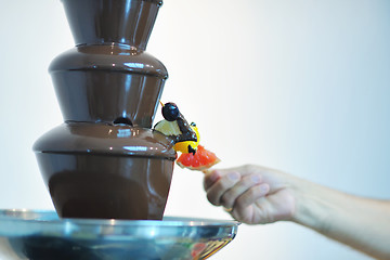 Image showing liquid chocolate fountain and fresh fruits on stick