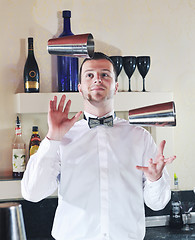 Image showing pro barman prepare coctail drink on party