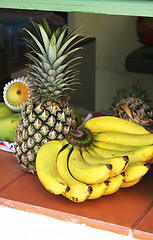 Image showing Tropical fruit - bananas, pineapple and melons