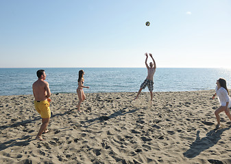 Image showing young people group have fun and play beach volleyball