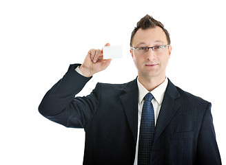 Image showing young businessman with empty white card