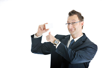 Image showing young businessman with empty white card