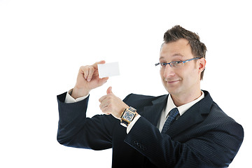 Image showing young businessman with empty white card