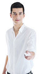 Image showing young businessman with empty white card