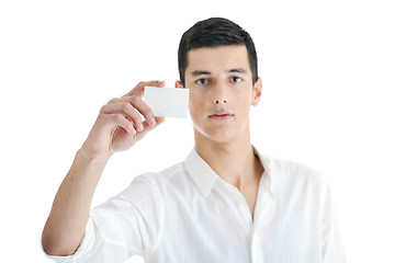 Image showing young businessman with empty white card