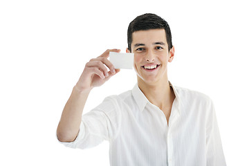 Image showing young businessman with empty white card