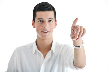 Image showing businessman touching futuristic screen