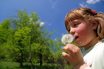 Image showing cute girl blowing dundelion