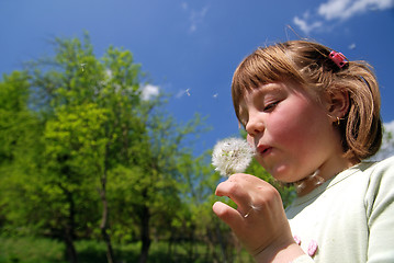 Image showing cute girl blowing dundelion