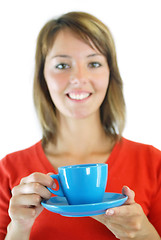 Image showing girl with blue coffe cup