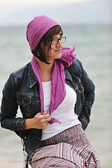 Image showing beautiful young woman on beach with scarf